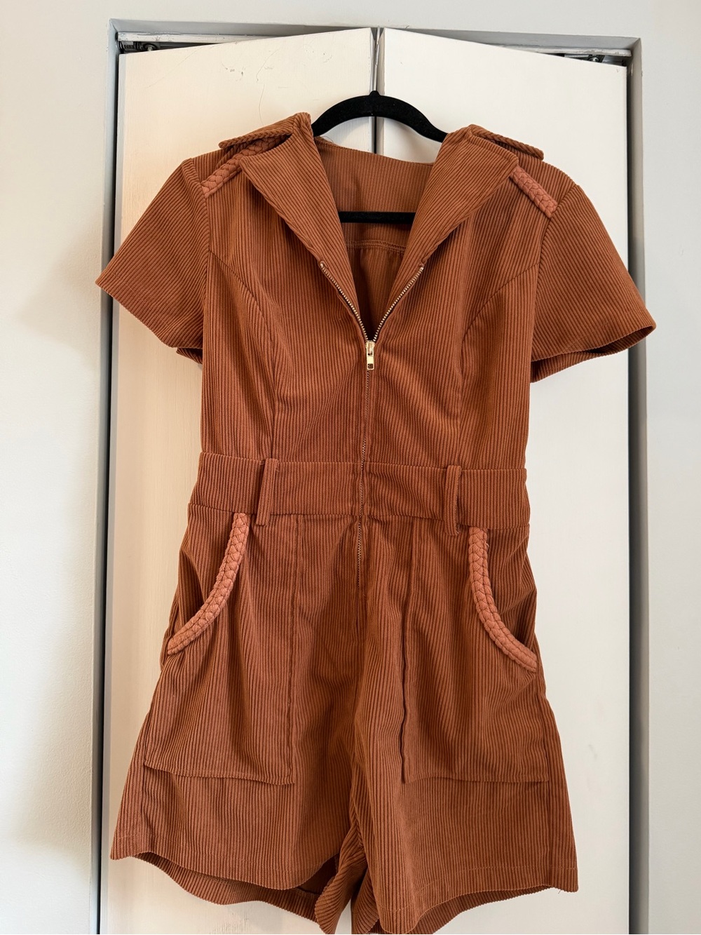 Womens Rust Corduroy Short Jumpsuit with Braided Trim